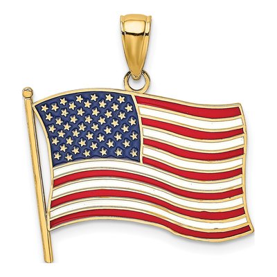 14K Yellow Gold Enameled American Flag Charm