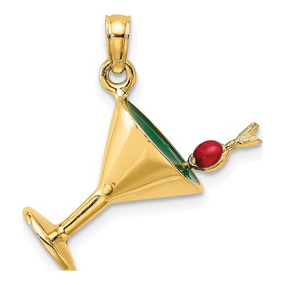 14K Yellow Gold Green Enamel Martini Cherry Charm