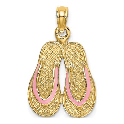 14K Yellow Gold Pink Enamel Flip-Flop Pendant