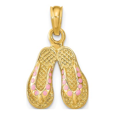 14K Yellow Gold Pink Enamel Flip-Flop Charm