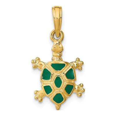 14K Yellow Gold Green Enamel Turtle Charm