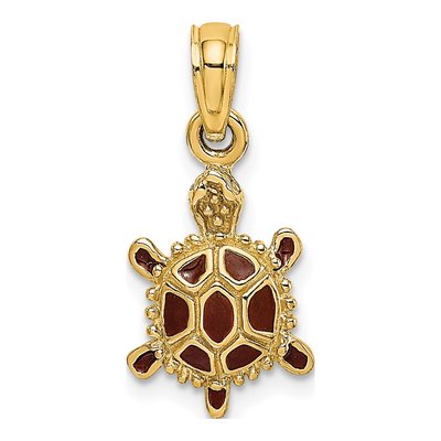 14K Yellow Gold Small 3D Brown Enamel Tortoise Charm