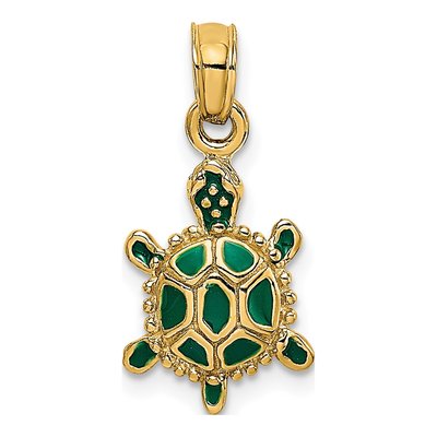 14K Yellow Gold Green Enamel 3D Turtle Charm