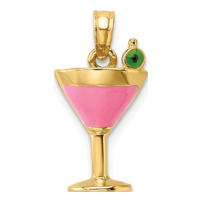 14K Yellow Gold Pink Enamel Martini Pendant