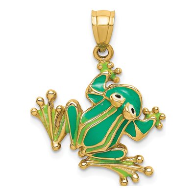 14K Yellow Gold Green Enameled Frog Pendant