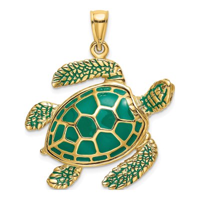14K Yellow Gold 3-D Green Enamel Sea Turtle Charm