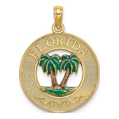 14K Yellow Gold Florida Enamel Palm Trees Circle Charm
