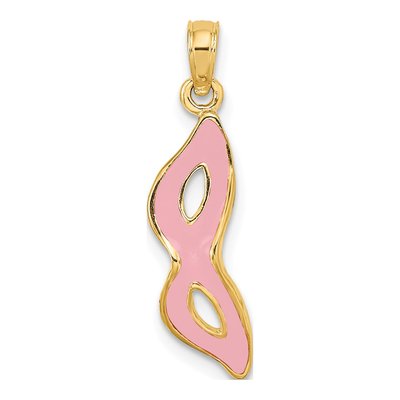 14K Yellow Gold 3-D Beveled Pink Enamel Masquerade Mask Pendant