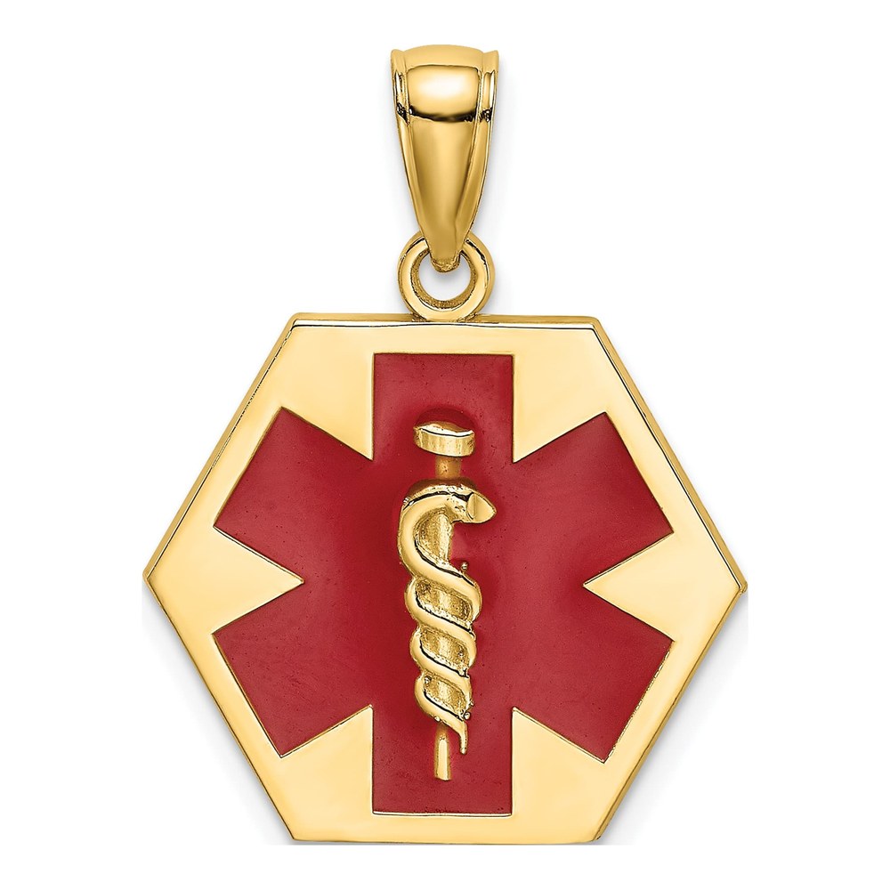 14K Yellow Gold Red Enamel Caduceus Disc Charm