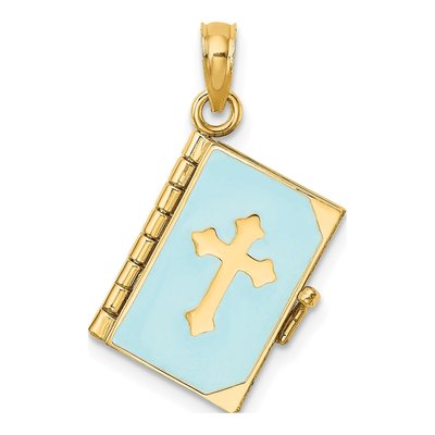 14K Yellow Gold Blue Enamel Bible Pendant