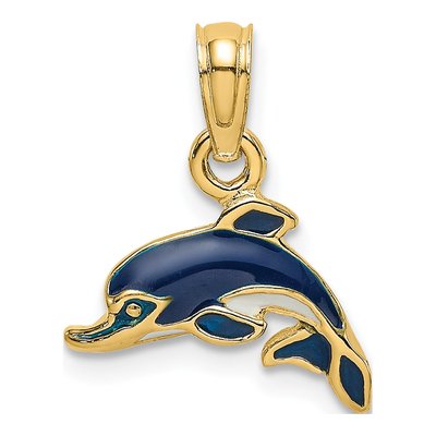 14K Yellow Gold Blue Enamel Dolphin Charm