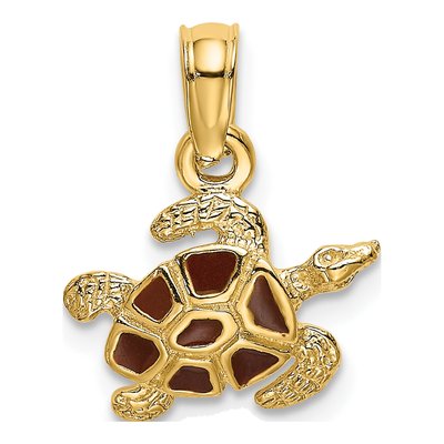 14K Yellow Gold Brown Enamel Sea Turtle Charm
