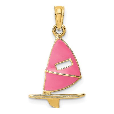 14K Yellow Gold Pink Enamel Surfboard Charm