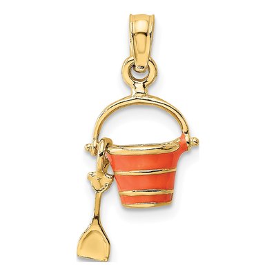 14K Yellow Gold Orange Enamel Beach Bucket Shovel Charm