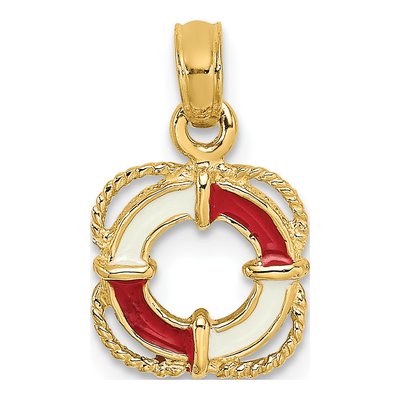 14K Yellow Gold Red Enamel Life Preserver Charm