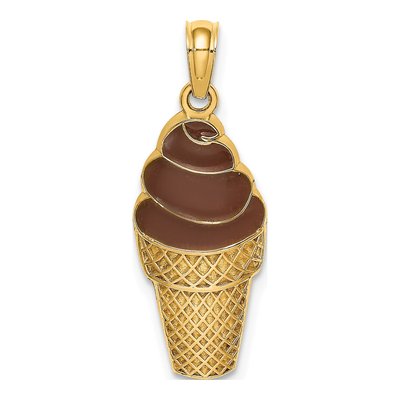 14K Yellow Gold Brown Enamel Chocolate Ice Cream Cone Charm