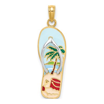 14K Yellow Gold 3D Enamel Palm Tree Bucket Flip-Flop Charm