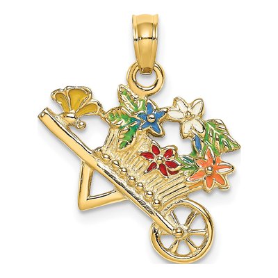 14K Yellow Gold 3-D Enamel Flower Cart Charm