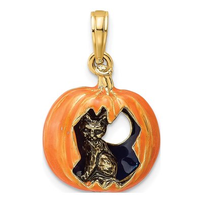 14K Yellow Gold Jack-O-Lantern Black Cat Charm