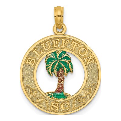 14K Yellow Gold Enameled Palm Tree Circle Charm