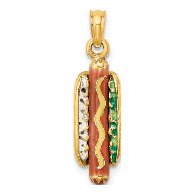 14K Yellow Gold 3-D Enameled Hot Dog Pendant