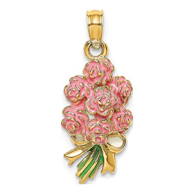 14K Yellow Gold Enameled Pink Bouquet Pendant