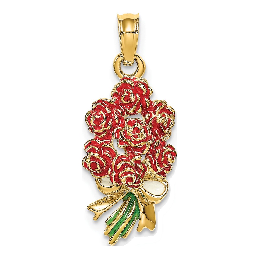14K Yellow Gold Enameled Red Bouquet Pendant