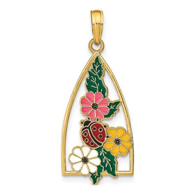 14K Yellow Gold Enameled Ladybug Flower Pendant