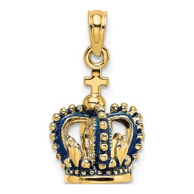 14K Yellow Gold 3D Blue Enamel Crown Charm