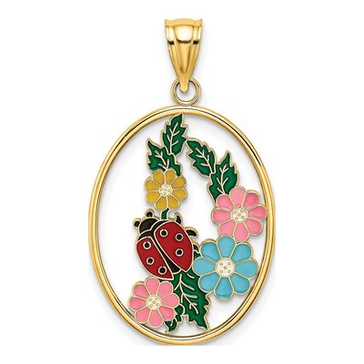 14K Yellow Gold Enameled Flower Ladybug Charm