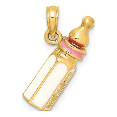 14K Yellow Gold Pink Enamel Baby Bottle Charm