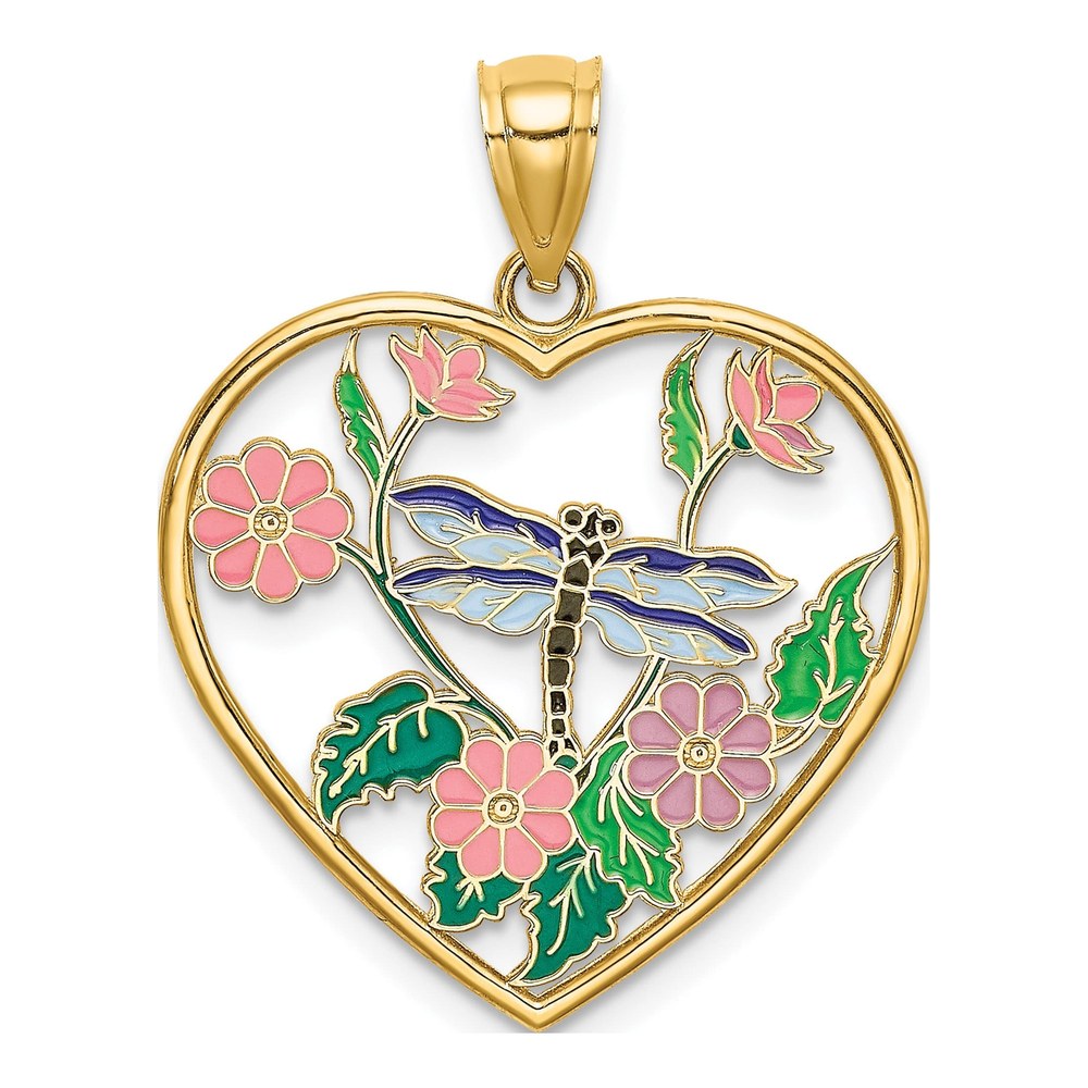 14K Yellow Gold Enamel Dragonfly Heart Charm