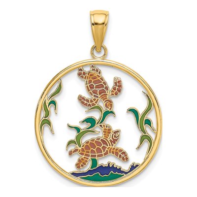 14K Yellow Gold Enamel Sea Turtles Charm