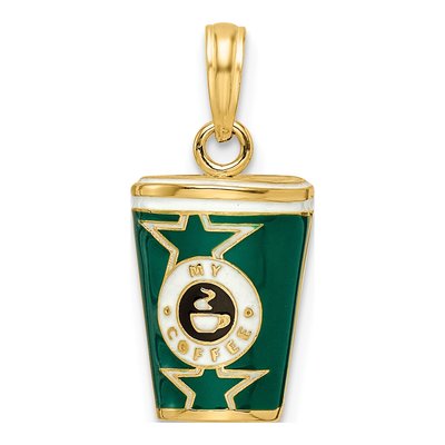14K Yellow Gold 3D Enameled Coffee Cup Pendant