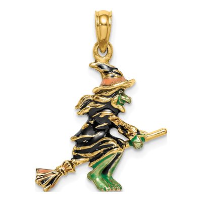 14K Yellow Gold Enameled Witch on Broom Charm