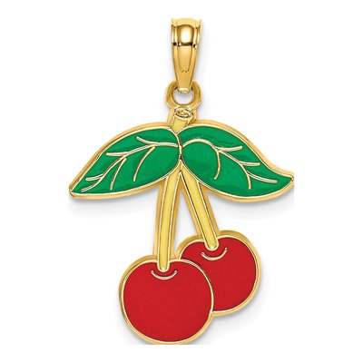 14K Yellow Gold Enameled Cherries Pendant