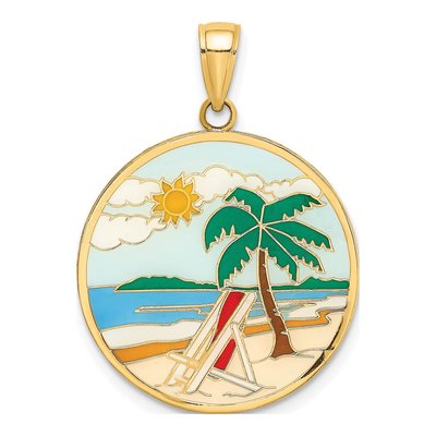 14K Yellow Gold Enamel Beach Scene Disc Charm