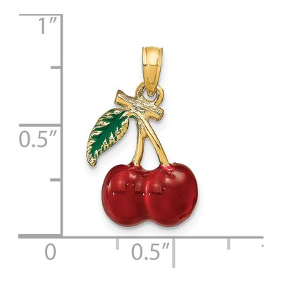 14K Yellow Gold Red Green Enameled Cherries Charm – view 4