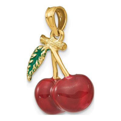14K Yellow Gold Red Green Enameled Cherries Charm – view 6