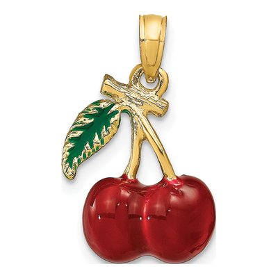 14K Yellow Gold Red Green Enameled Cherries Charm