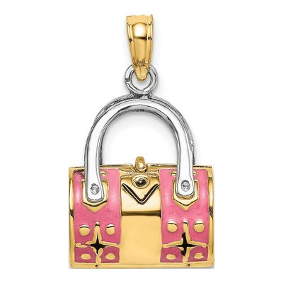 14K Yellow Gold Pink Enamel Handbag That Opens Charm