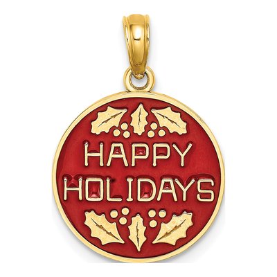14K Yellow Gold Happy Holidays Holly Disc Charm