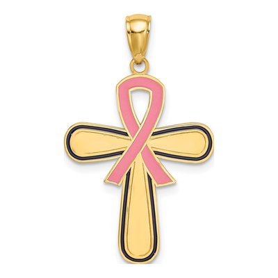 14K Yellow Gold Pink Enamel Awareness Cross Pendant
