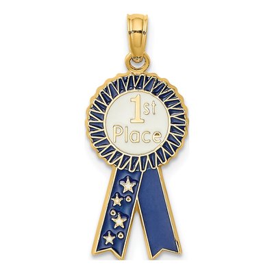 14K Yellow Gold Blue 1st Place Ribbon Charm