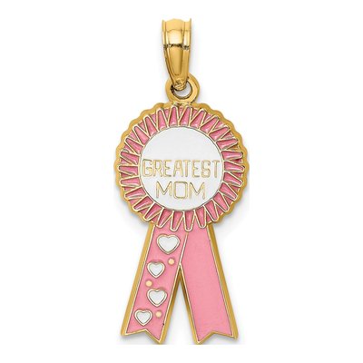 14K Yellow Gold Greatest MOM Pink Ribbon Charm
