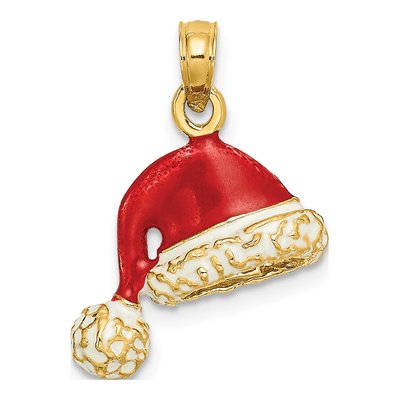 14K Yellow Gold Enameled Santa Hat Pendant