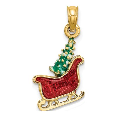 14K Yellow Gold Enameled Sleigh Tree Charm