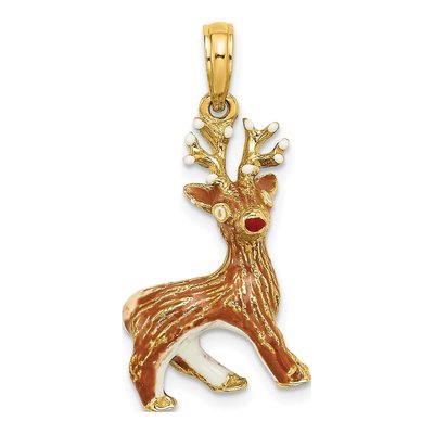 14K Yellow Gold 3D Red-Nosed Reindeer Charm