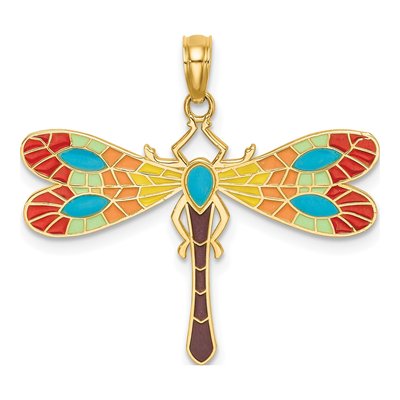 14K Yellow Gold Enamel Dragonfly Pendant
