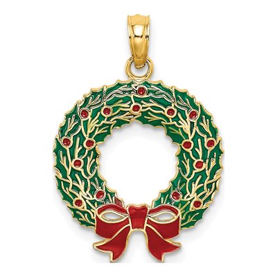14K Yellow Gold Enameled Christmas Wreath Charm